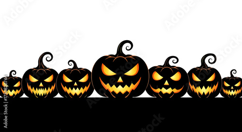 Row of menacing black Halloween pumpkins with fiery glowing eyes and evil smiles, creating a spooky holiday silhouette banner