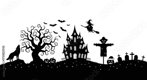 Spooky Halloween silhouette panorama with a haunted house, howling wolf, flying witch, and graveyard on a creepy night