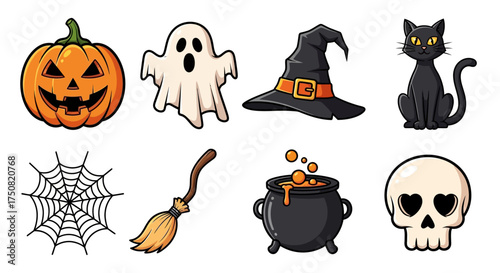 A festive set of classic cartoon Halloween icons featuring a jack-o'-lantern, ghost, witch hat, black cat, and skull