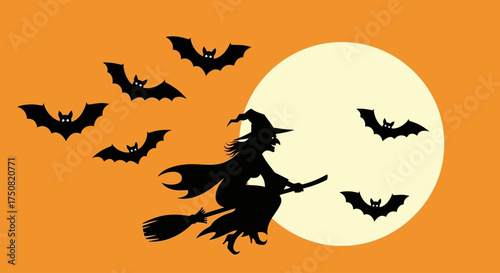 Mystical Halloween night with a classic witch silhouette flying on her broomstick across a glowing full moon with bats