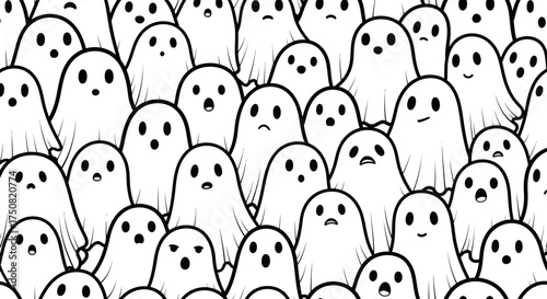A whimsical crowd of cute cartoon ghosts with diverse expressions, creating a spooky and fun Hal (93).ai seamless pattern for Halloween