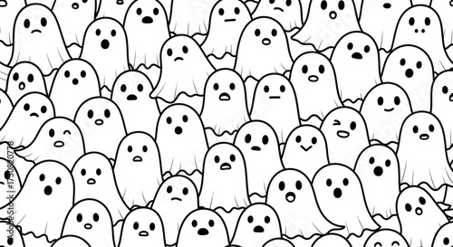 A whimsical seamless pattern featuring a crowded gathering of adorable little ghosts with various expressions, a monochrome digital illustration