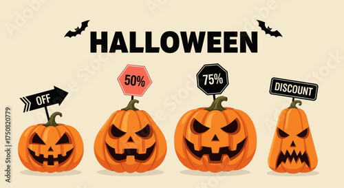 Four jack-o'-lantern characters on a light background advertising a spooky season sale with discount signs
