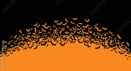 A digital swarm of silhouetted bats creating an abstract wave against a bold orange and black Halloween horizon