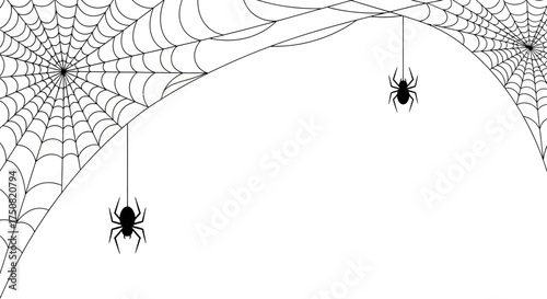 A minimalist black and white vector illustration featuring spooky spiders hanging from their intricate webs, perfect for a Halloween-themed background with copy space
