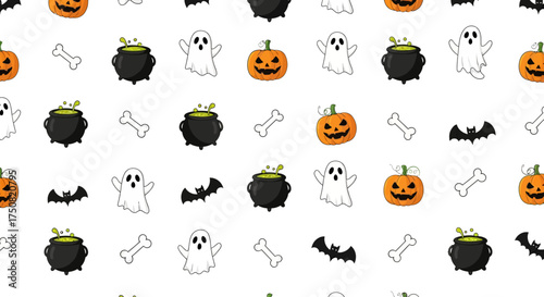 Cute Halloween seamless pattern with cartoon ghosts, pumpkins, bats, and bubbling cauldrons on a white background