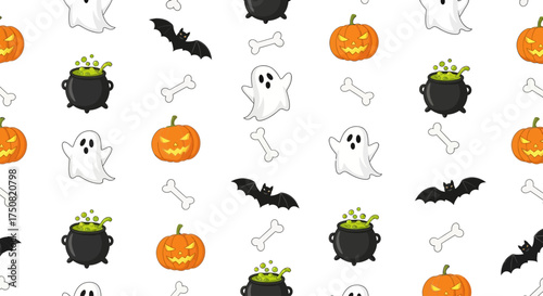 A festive and seamless Halloween pattern featuring cute ghosts, spooky pumpkins, black bats, and witch's cauldrons