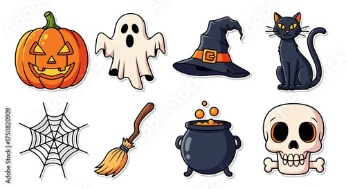 A delightful collection of classic Halloween cartoon icons, including a jack-o-lantern, ghost, witch hat, and spooky black cat