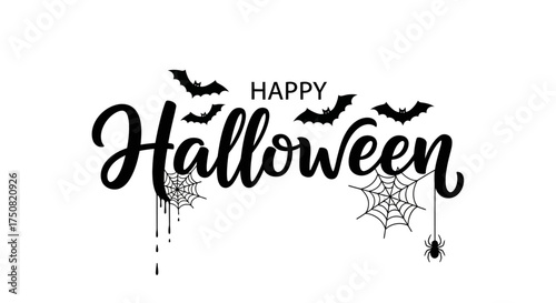 Happy Halloween calligraphic text with flying bats and spiderwebs. Festive spooky holiday vector greeting illustration on a white background