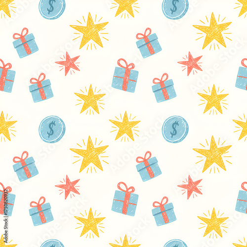 Wallpaper Mural Seamless pattern of watercolor gifts stars and dollar coins. Torontodigital.ca