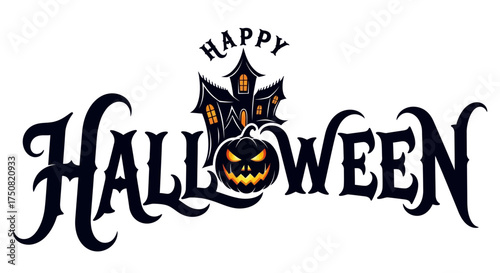 Gothic style Happy Halloween lettering with a spooky haunted mansion and a grinning jack-o-lantern pumpkin on a white background