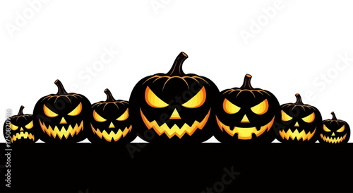 A menacing row of carved Halloween pumpkins with sinister glowing faces and evil smiles against a white background