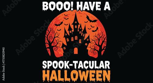 Vector graphic of a creepy mansion on a hill with a colony of bats set against a textured orange harvest moon for Halloween