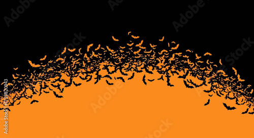 A terrifying swarm of countless bats takes flight, forming a dark wave against a spooky orange and black sky for Halloween