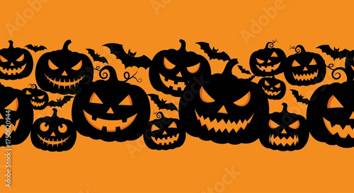 Sinister grinning Jack O'Lantern faces and bat silhouettes creating a seamless border for Halloween celebrations