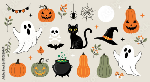 A cute collection of various Halloween vector icons and spooky clipart elements isolated on a background