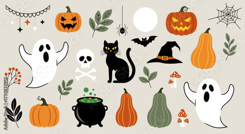 A festive collection of cute Halloween clip art icons featuring jack-o'-lanterns, ghosts, a black cat, and spooky design elements