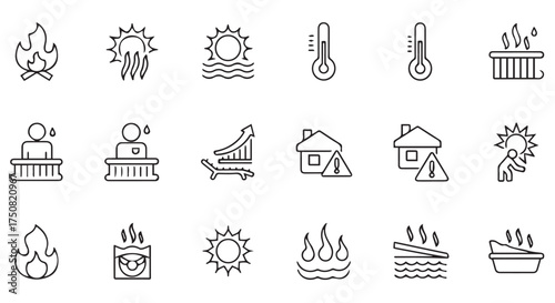 Set of icons representing heat, temperature, and weather conditions isolated on transparent background