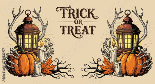 Vintage Halloween greeting with skeleton hands holding glowing lanterns, pumpkins, and antlers. Spooky Trick or Treat illustration