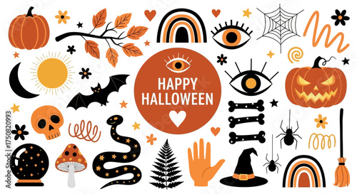 A collection of modern boho Halloween clip art elements including pumpkins, bats, and mystical symbols. Vector illustration set for spooky season