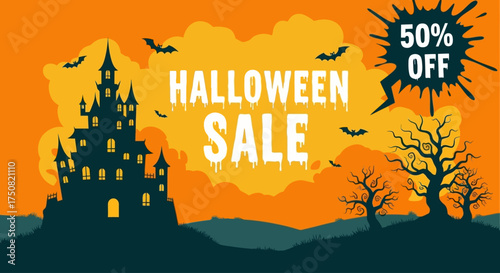 Promotional banner for a seasonal discount featuring a spooky haunted house silhouette, flying bats, and an orange autumn landscape