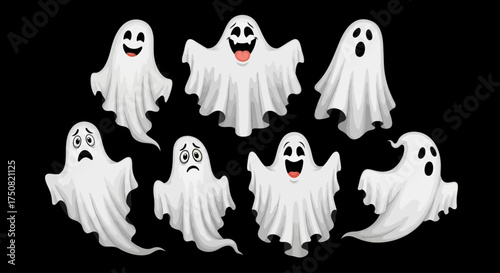 A collection of cute cartoon ghost characters with various spooky and funny expressions for Halloween design elements