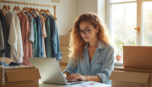 Curly woman works on laptop in fashion store. Female entrepreneur checks online orders, manages small business. Clothes hang on rack. Parcels with garments ready for shipping. Modern workplace in