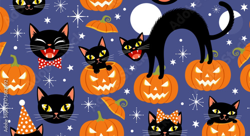 A fun and festive Halloween repeating background illustration with animated black felines and glowing jack-o'-lanterns under a moonlit sky