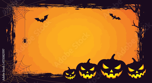 Spooky Halloween background illustration with glowing jack-o'-lanterns, scary bats, and a spiderweb grunge border