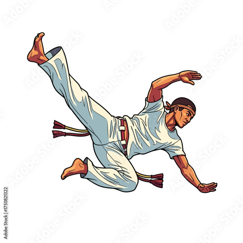 Capoeira fighter performing a dynamic acrobatic move in midair.