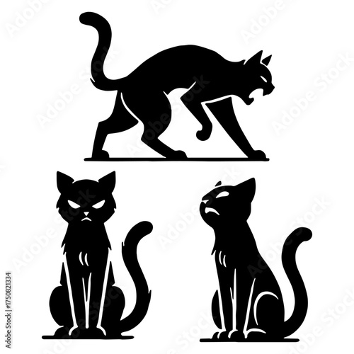 Angry cat silhouette set, flat vector illustration