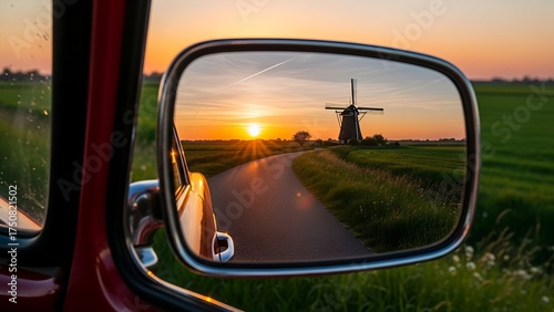 Vintage Car Mirror Reflecting Windmill on Road at Sunset