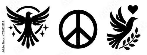 Set of Flying Peace Bird Dove Silhouette Icons for Hope and Freedom Concepts Flat Vector Illustration