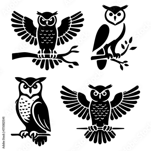Set of Majestic Owl Silhouette Icons for Wisdom and Night Wildlife Concepts Flat Vector Illustration