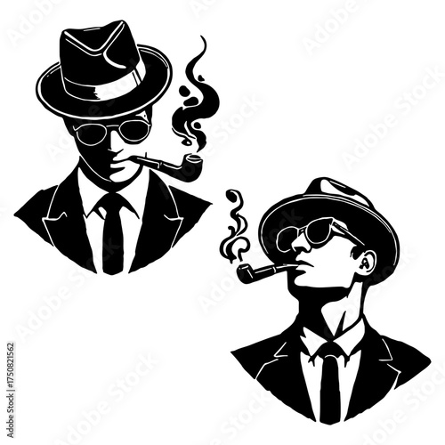Set of Stylish Smoking Man Silhouette Poses for Vintage and Lifestyle Design Flat Vector Illustration