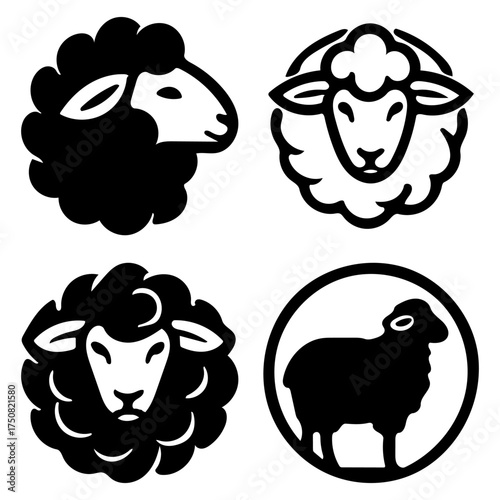 Set of Cute Sheep Face and Head Silhouette Icons for Farm and Wool Products Flat Vector Illustration