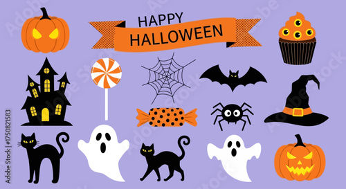 A vibrant set of classic spooky Halloween illustrations featuring pumpkins, ghosts, cats, and a haunted house