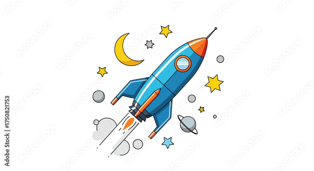 Naklejka premium Cartoon Rocket Ship Launching into Space with Stars and Moon.