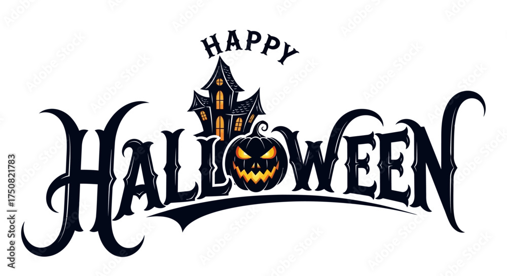 Fototapeta premium Vintage Happy Halloween calligraphic greeting design with a haunted mansion and a spooky jack-o'-lantern pumpkin