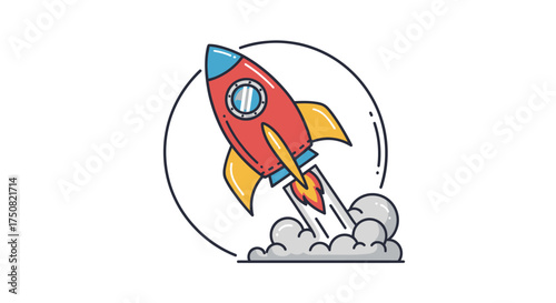 Cartoon Rocket Launching into Space with Smoke Trails.