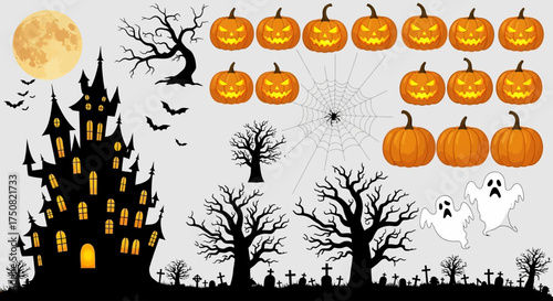 A collection of spooky cartoon vector elements for a Halloween celebration, featuring a haunted castle, jack-o-lanterns, and ghosts