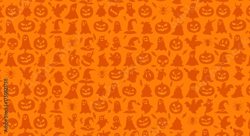 Seamless orange pattern with traditional Halloween icons like pumpkins, ghosts, and witch hats for holiday-themed backgrounds