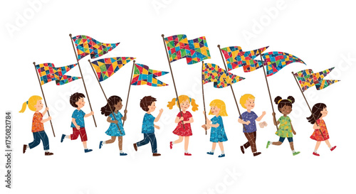 Children's vibrant march with colorful flag banners depicting unity and childhood joy expressing