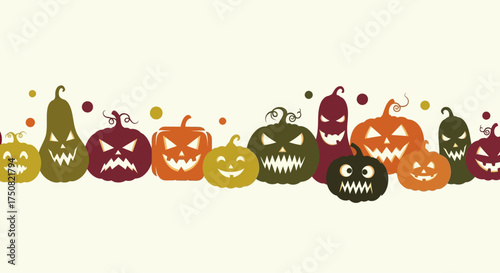 A festive horizontal banner featuring a diverse collection of colorful Halloween jack-o'-lanterns with spooky and smiling carved faces