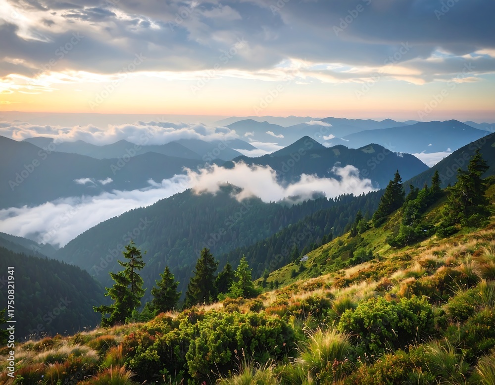 Fototapeta premium Sunset over mountain range, clouds in valleys, grassy foreground