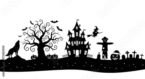 Eerie black silhouette of a Halloween landscape with a haunted house, howling wolf, flying witch, and a spooky graveyard