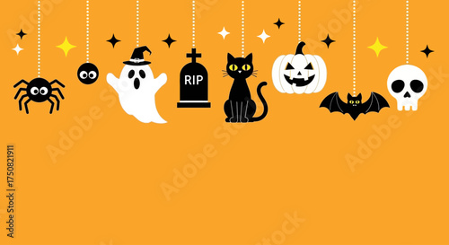 Cute Halloween character garland with ghost, cat, and pumpkin hanging on an orange background with copy space for text