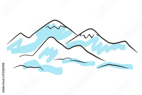 Mountains vector illustration on isolated background. Mountainous Alps, Chomolungma coloured sketch. Hand drawn Hilly landscape. Tourism, travel, nature, lifestyle. Panoramic view in abstract freehand