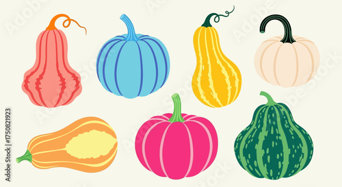 A vibrant and modern collection of autumn harvest pumpkins and gourds. A set of stylized squash in surreal, pop art colors, isolated on a background