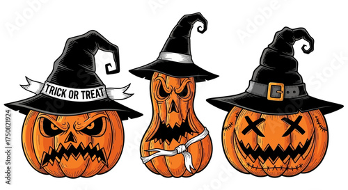 A spooky trio of illustrated Halloween Jack O' Lanterns wearing black witch hats, featuring creepy carved faces for trick or treating